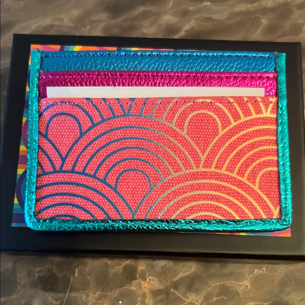 Kurt Geiger Coral, Yellow & Teal Card Holder with Metallic Logo - Picture 2 of 2